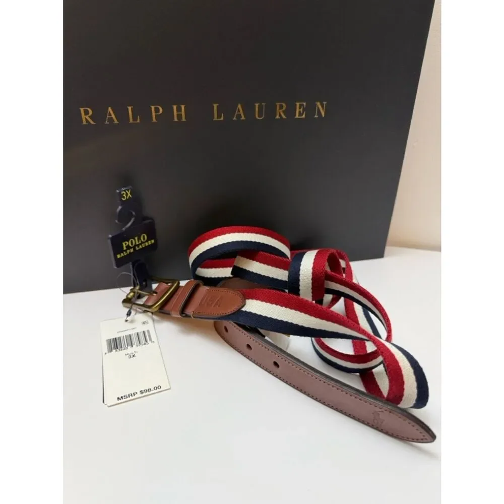 Polo Ralph Lauren Men’s 3X Canvas Stripe Belt Leather Golf Classic Preppy